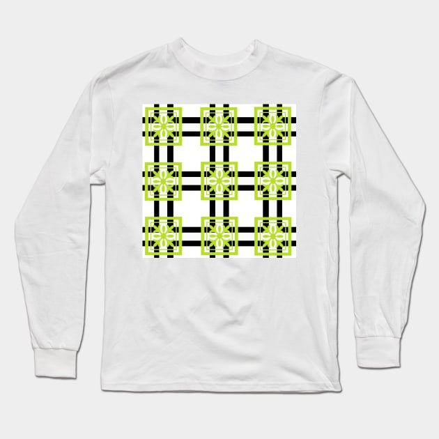 Black and White and Lime Green Pattern Long Sleeve T-Shirt by Overthetopsm